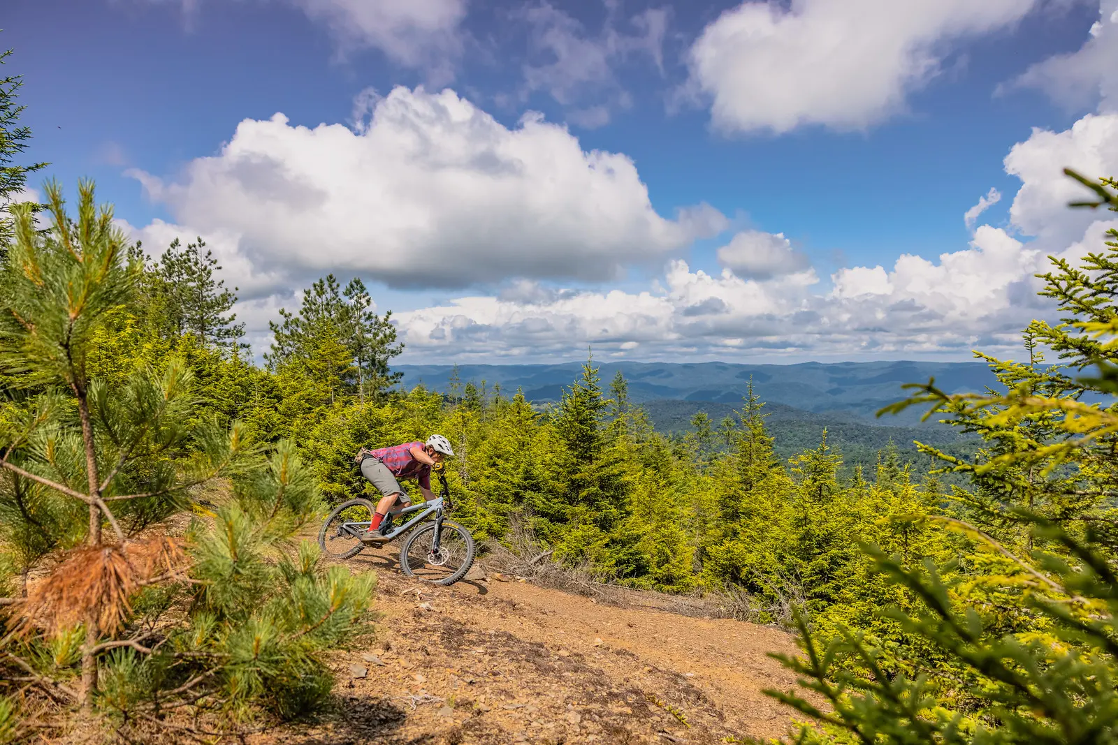 Single biker speeding down a trail with a view of mountains far into the background.