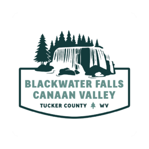 Black and white sketched logo of waterfalls with mountains for the Tucker County Convention and Visitor's Bureau