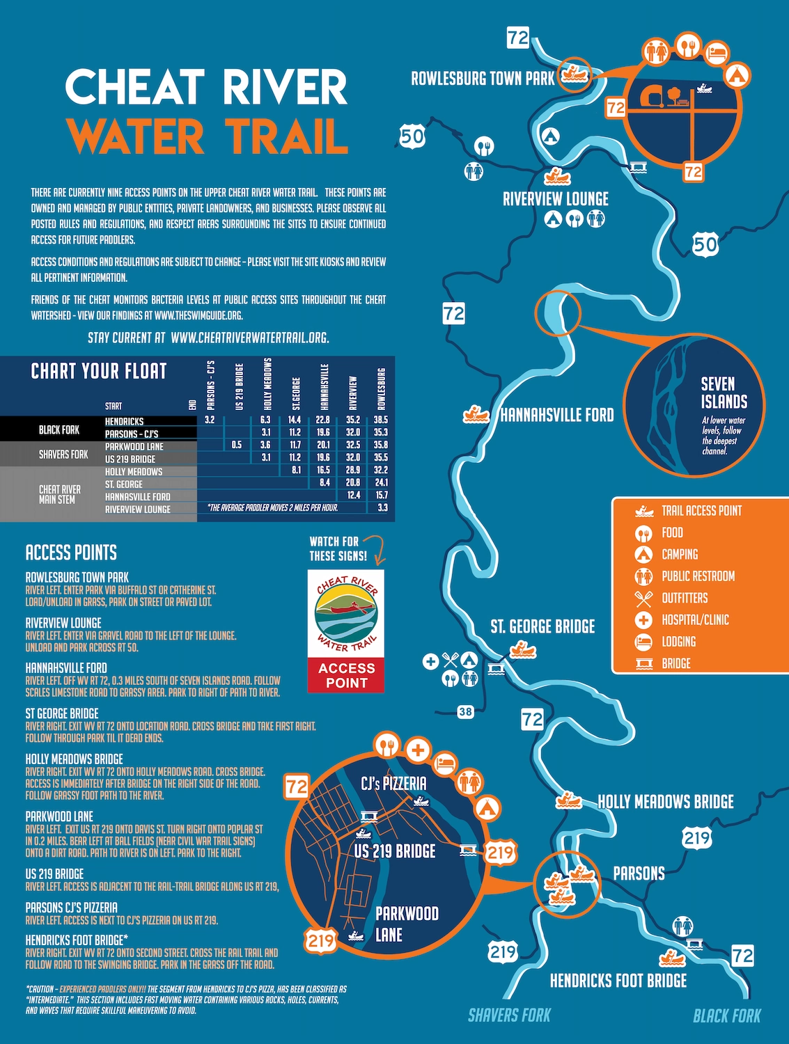 An image of the map showing the public access points on the Cheat River.